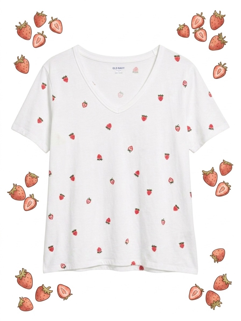 Old Navy White 100% Cotton V-Neck Tee with Red Strawberry Motif XXL 🍓